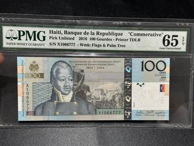🎉🎉🎉《外钞收藏家》第六百期（年度庆典场）（本平台长期征集拍品、欢迎藏友们联系合作）❤️❤️❤️ - 2016年海地100纪念钞 PMG66 豹子号777