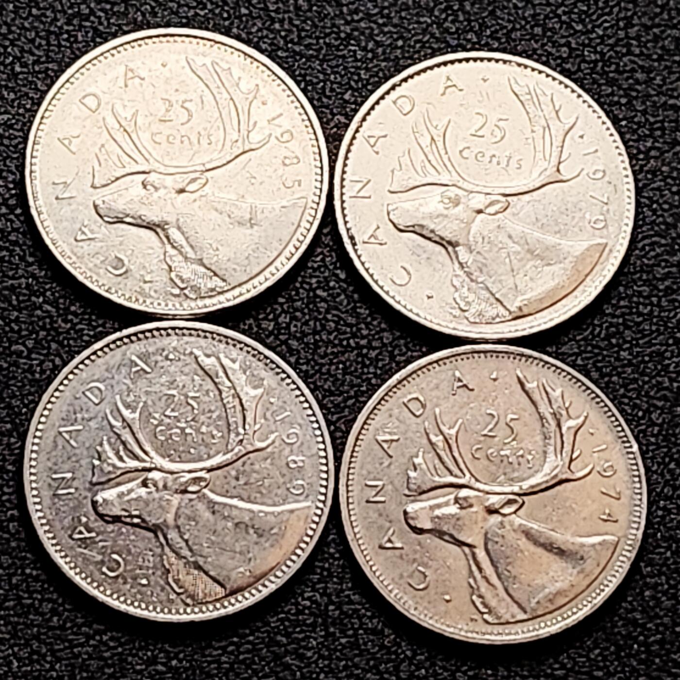 泉币菌-第160场-新年第三场 精品福利场 高币值 一加元 一组4枚 加拿大驯鹿1/4元 英国伊丽莎白二世女王像 23.9mm