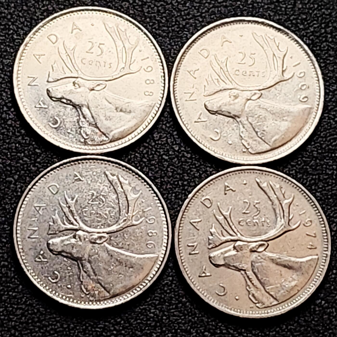 泉币菌-第160场-新年第三场 精品福利场 高币值 一加元 一组4枚 加拿大驯鹿1/4元 英国伊丽莎白二世女王像 23.9mm