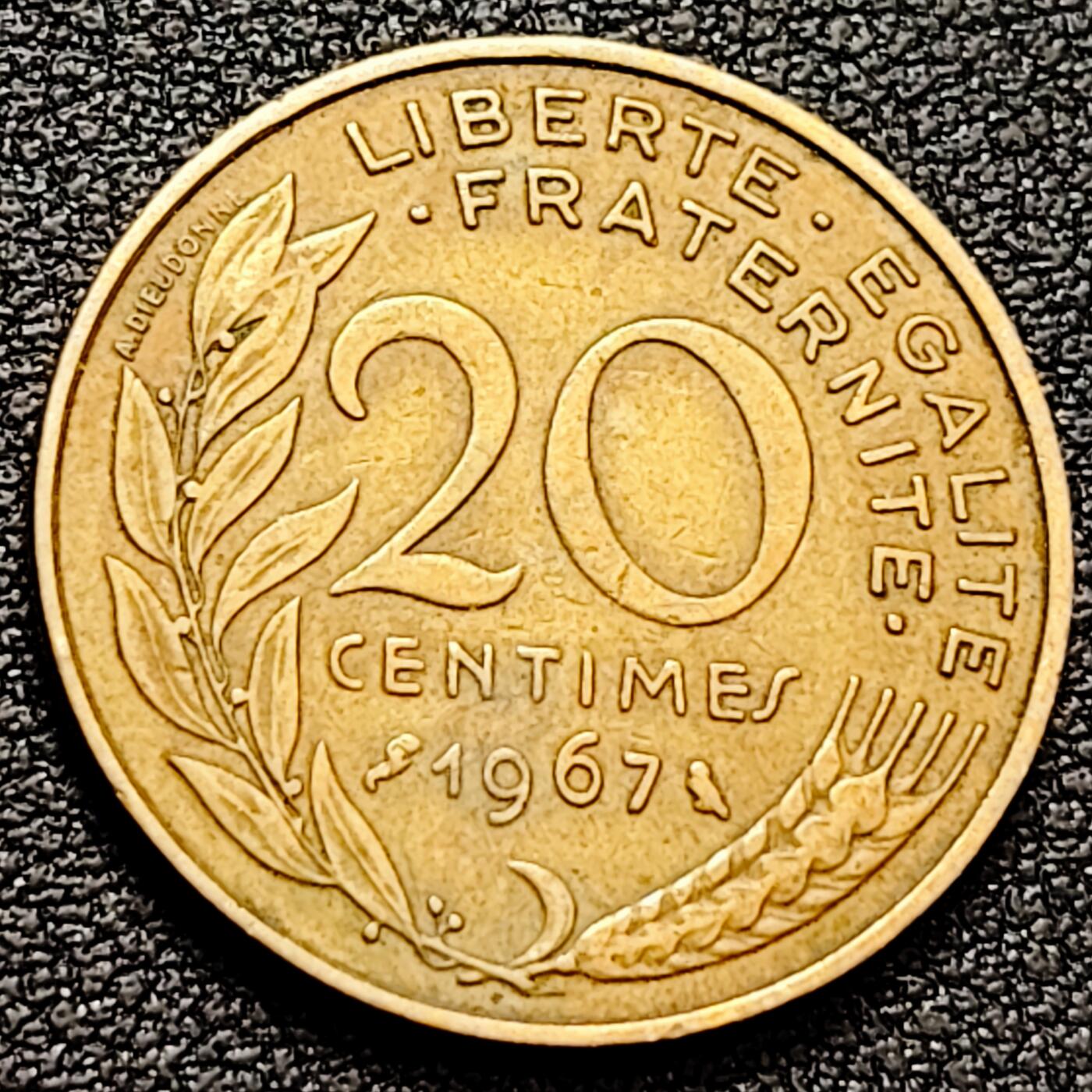 泉币菌-第160场-新年第三场 精品福利场 法国1967年20分 玛丽安娜 猫头鹰暗记 铝青铜币 硬币 23.5mm 