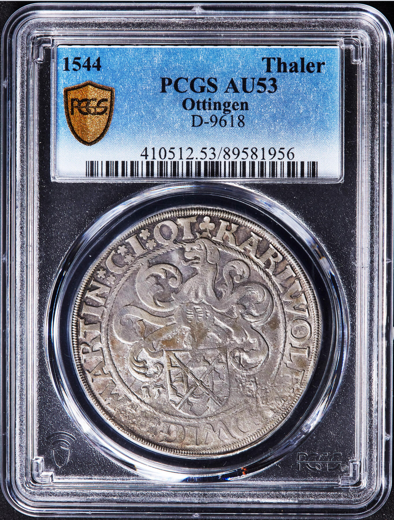 【俄甄集藏】2026年(046)01-07 星期三 晚 19:30 全场包邮 神圣罗马帝国-德国奥廷根1544年1泰勒大银币，PCGS AU53，珍稀品种，唯一季军，原味状态