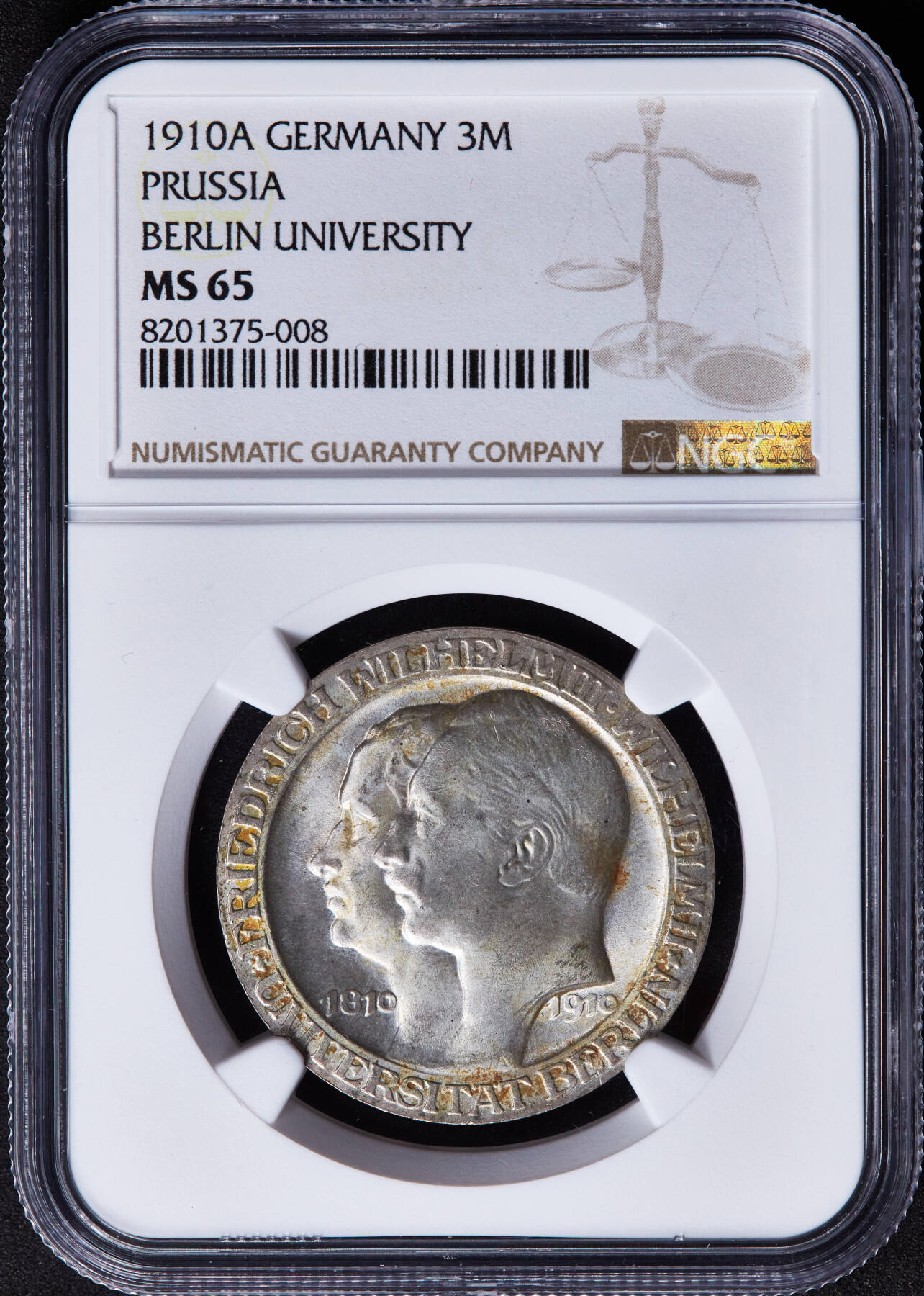 【俄甄集藏】2026年(046)01-07 星期三 晚 19:30 全场包邮 德国普鲁士1910年A版纪念柏林大学成立100周年3马克银币，NGC MS65，黄油彩，转光品相