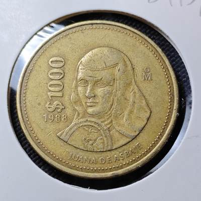 KK钱币收藏小铺  第384期  2月预留时间 周末发货 -  1988墨西哥1000比索大币铜币