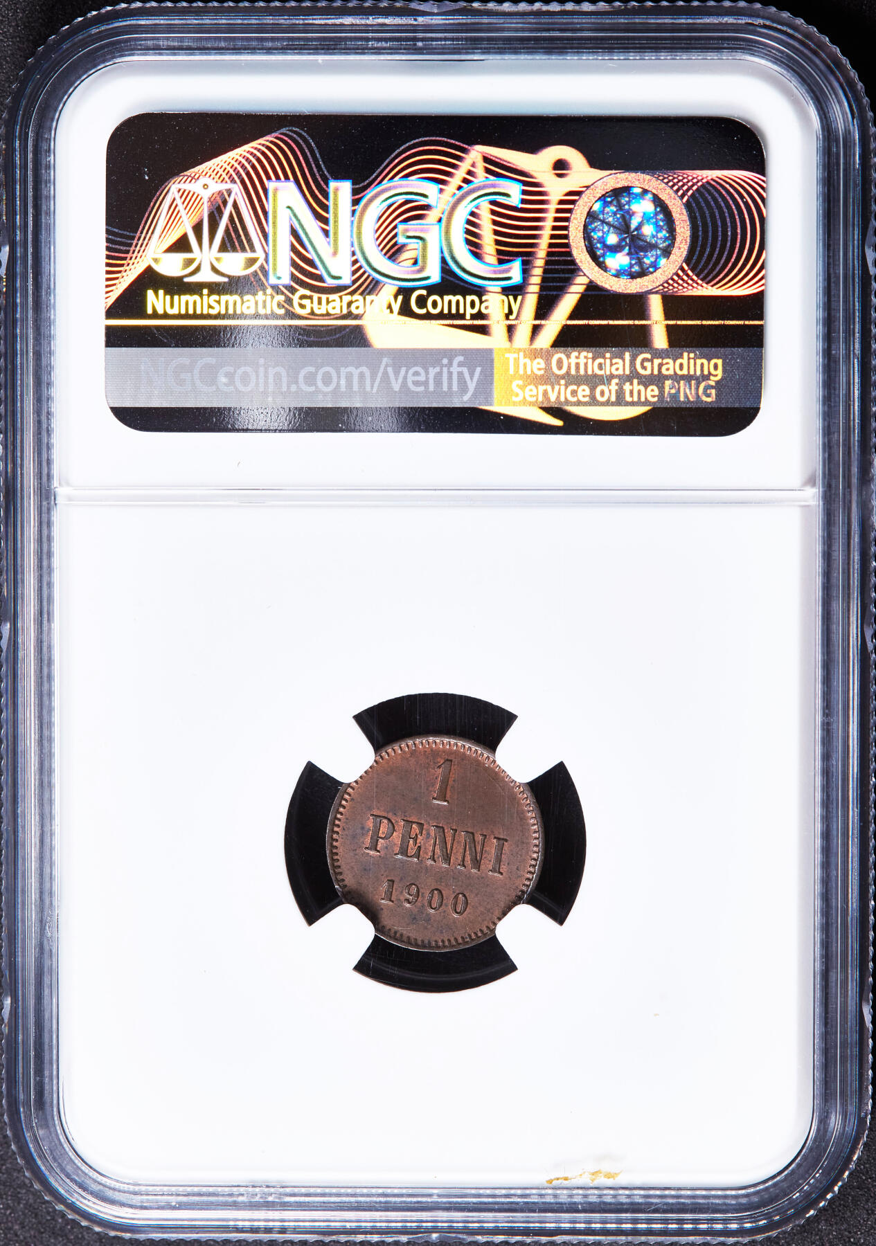 【俄甄集藏】2026年(046)01-07 星期三 晚 19:30 全场包邮 俄属芬兰1900年尼古拉二世1盆尼铜币，NGC MS62，原铜光犹在，转光品相