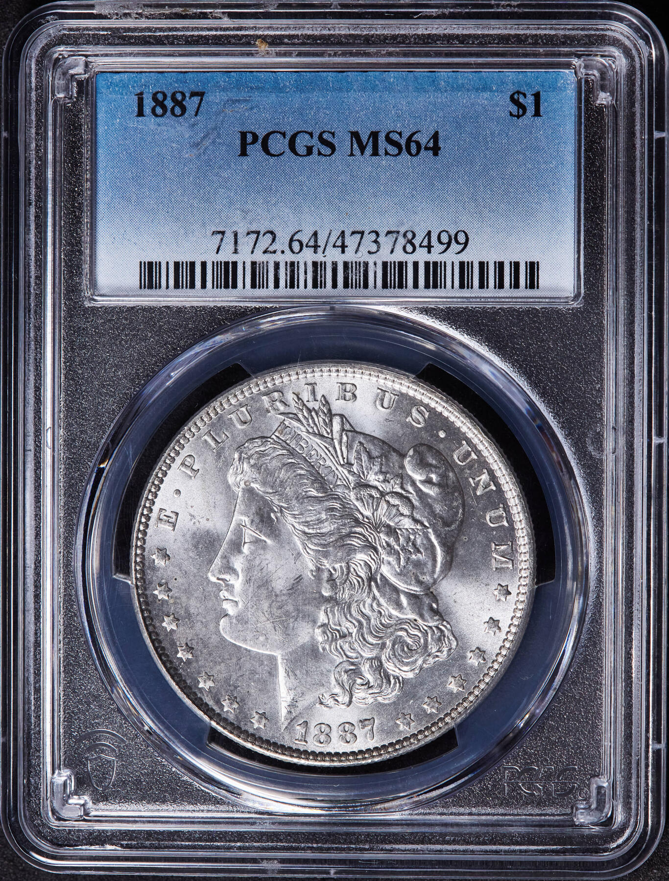 【俄甄集藏】2026年(046)01-07 星期三 晚 19:30 全场包邮 美国1887年摩根1美元大银币，PCGS MS64，车轮转光，底板凝霜