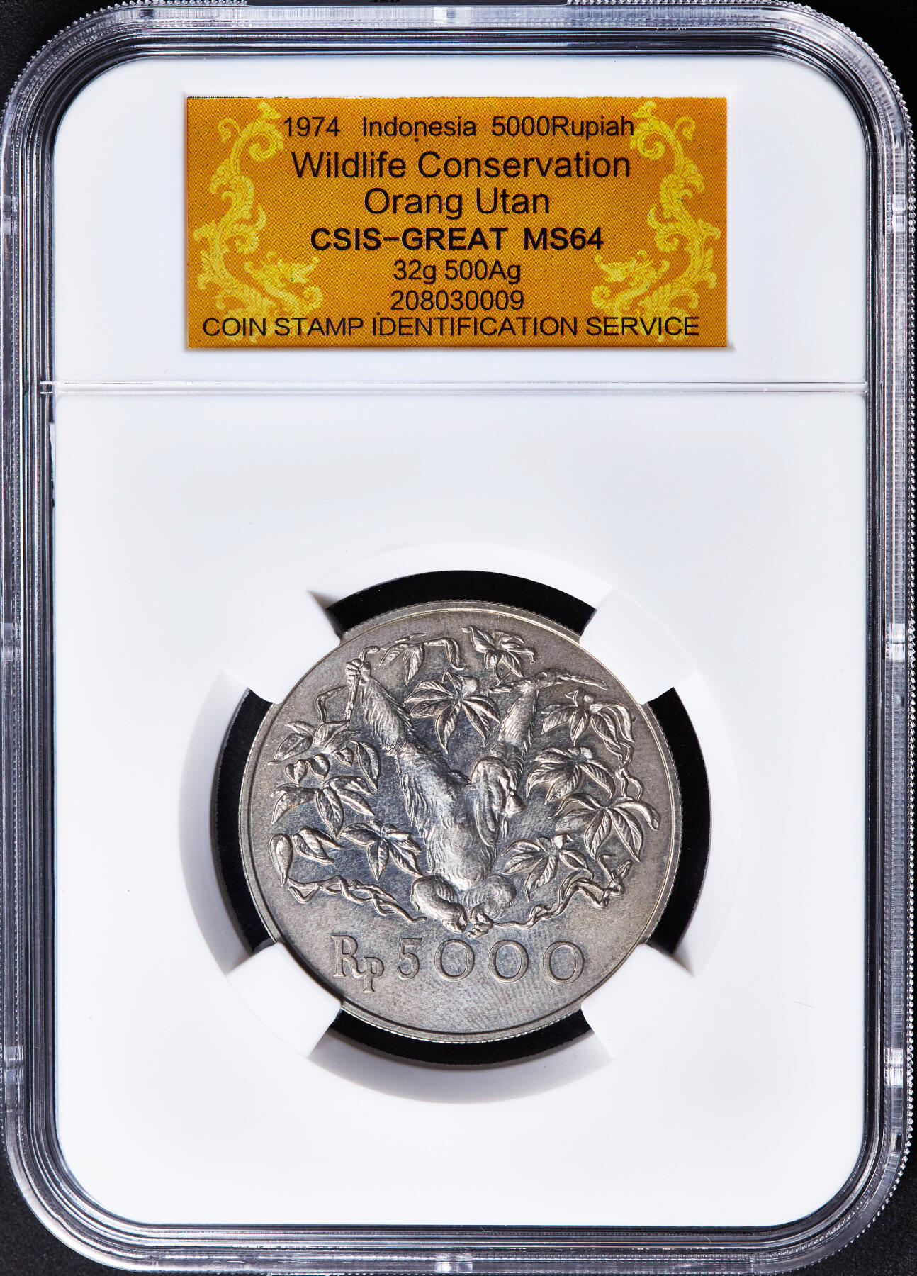【俄甄集藏】2026年(046)01-07 星期三 晚 19:30 全场包邮 印度尼西亚1974年野生动物保护-长臂猿5000卢比大银币，信泰 MS64，重32克，50%银，发行量43000枚