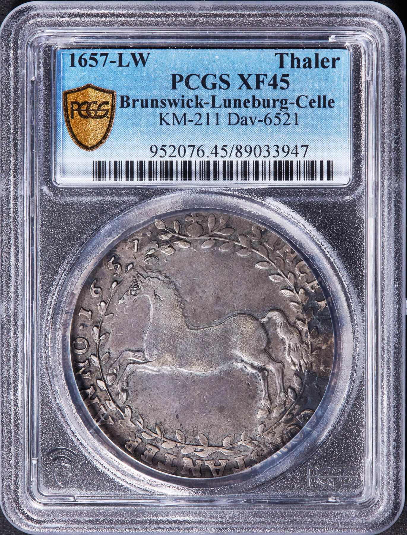 【俄甄集藏】2026年(046)01-07 星期三 晚 19:30 全场包邮 神圣罗马帝国-德国不伦瑞克-吕讷堡-策勒1657年克里斯蒂安·路德维希LW版野马1泰勒大银币，PCGS XF45，原味酱彩老包浆，名誉品种，唯一季军分