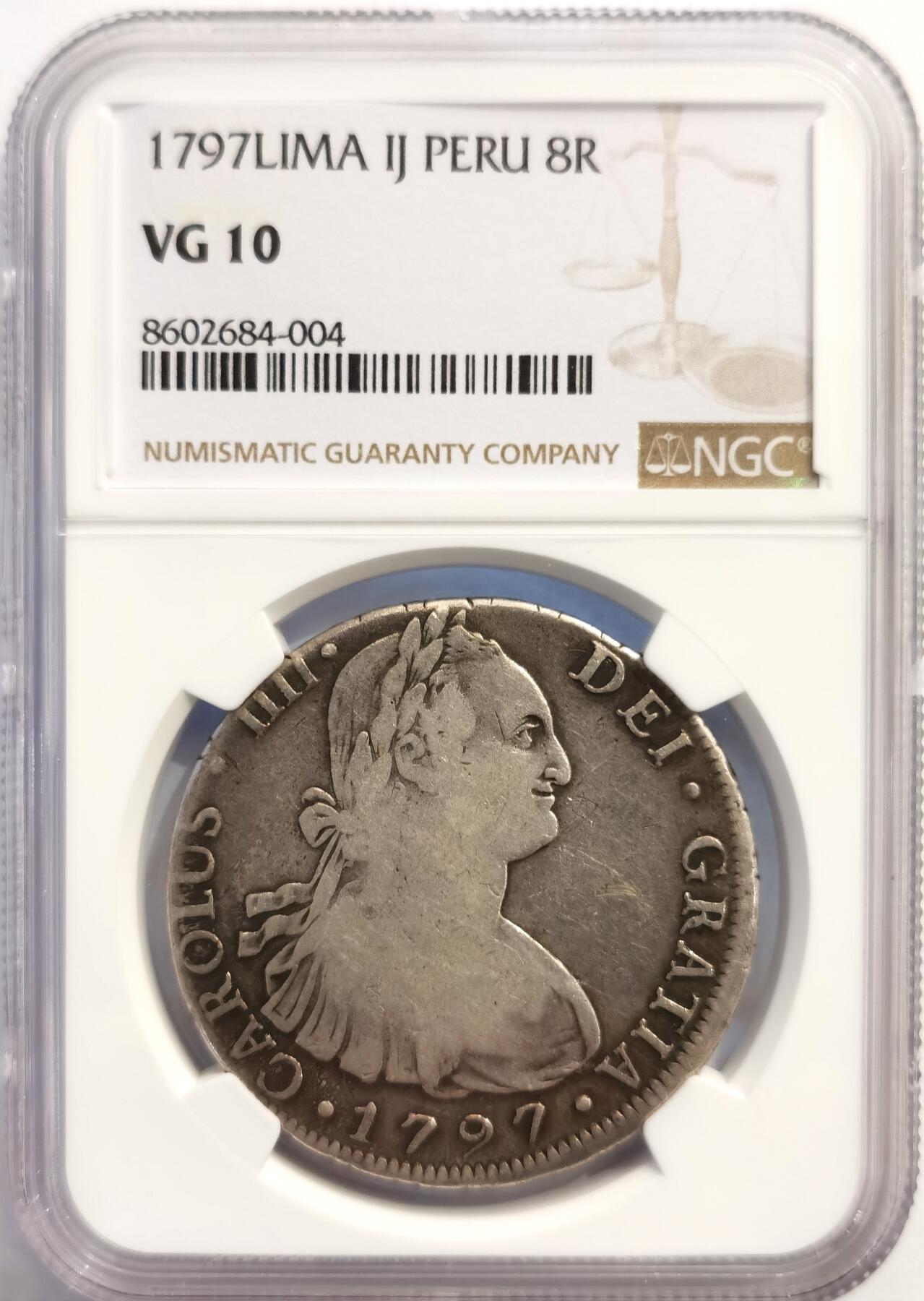 博洋堂“岁启嘉年”2026新年精品大拍专场暨第155期（全场包邮） NGC VG10 西属秘鲁1797年卡洛斯四世双柱银币，原味低评