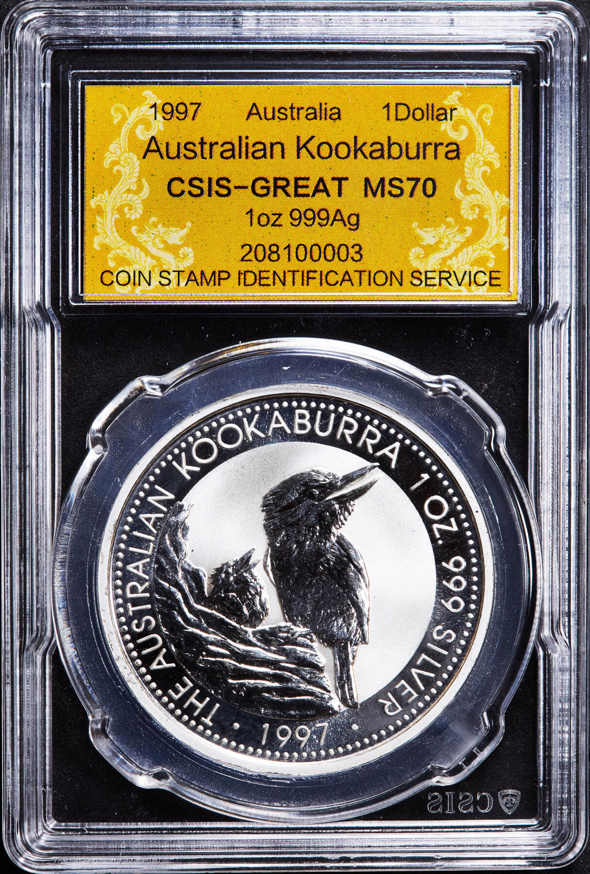 【俄甄集藏】2026年(046)01-07 星期三 晚 19:30 全场包邮 澳大利亚1997年翠鸟1元投资大银币，信泰 MS70，重1盎司，999银，经典品种