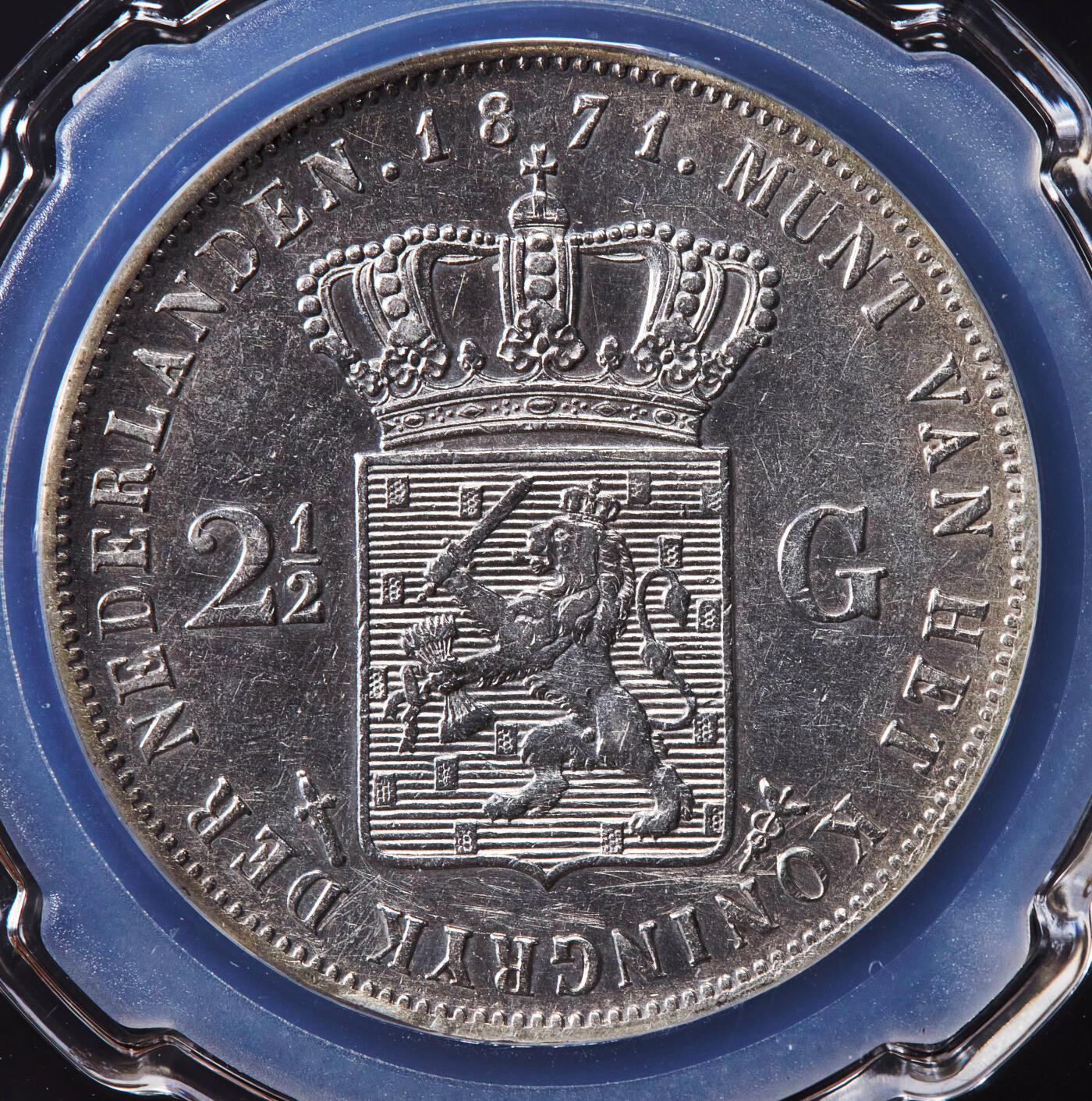 【俄甄集藏】2026年(046)01-07 星期三 晚 19:30 全场包邮 荷兰1871年威廉三世2.5盾大银币，信泰 AU53，原味状态，重25克，94.5%银