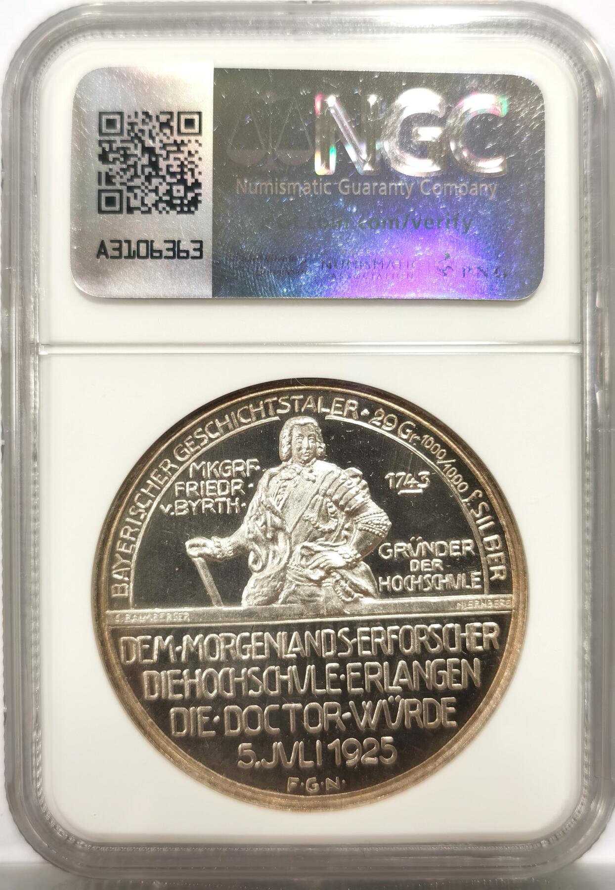 博洋堂“岁启嘉年”2026新年精品大拍专场暨第155期（全场包邮） NGC MS67 唯一冠军分 1925年德国纪念埃尔兰根大学授予鲁普雷希特皇太子荣誉博士学位银章。章正面为身着皇太子身着制服的头像；背面为埃尔兰根大学创始人弗里德里希侯爵的半身像，设计精巧，极致镜面感