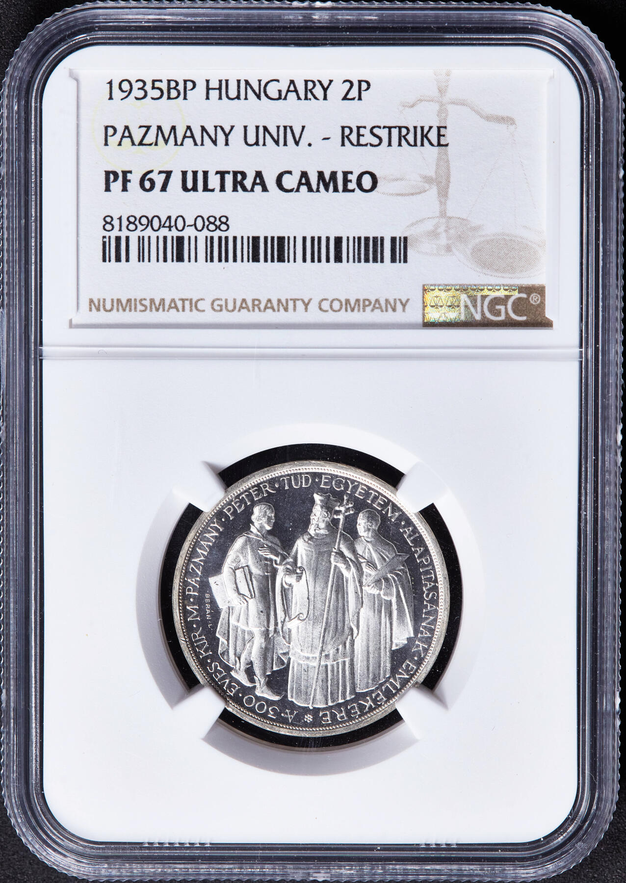 【俄甄集藏】2026年(046)01-07 星期三 晚 19:30 全场包邮 匈牙利1935年纪念帕兹马尼·彼得大学建校400周年2潘戈精制银币，PF67UC，少见品种，重10克，64%银