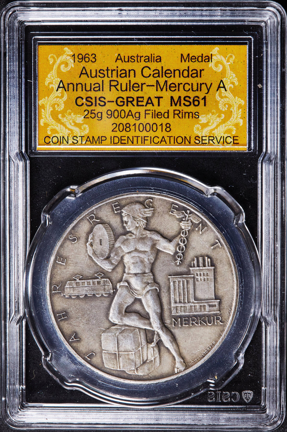 【俄甄集藏】2026年(046)01-07 星期三 晚 19:30 全场包邮 奥地利1963年维也纳日历磨砂银章，信泰 MS61，正面罗马神话商业与信使之神墨丘利，环刻铭文“年度统治者水星主宰”，背面为刻有宗教节日的日历表盘，原味包浆，稀少品种，重25克，90%银