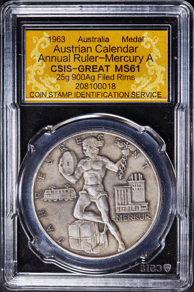【俄甄集藏】2026年(046)01-07 星期三 晚 19:30 全场包邮 - 奥地利1963年维也纳日历磨砂银章，信泰 MS61，正面罗马神话商业与信使之神墨丘利，环刻铭文“年度统治者水星主宰”，背面为刻有宗教节日的日历表盘，原味包浆，稀少品种，重25克，90%银
