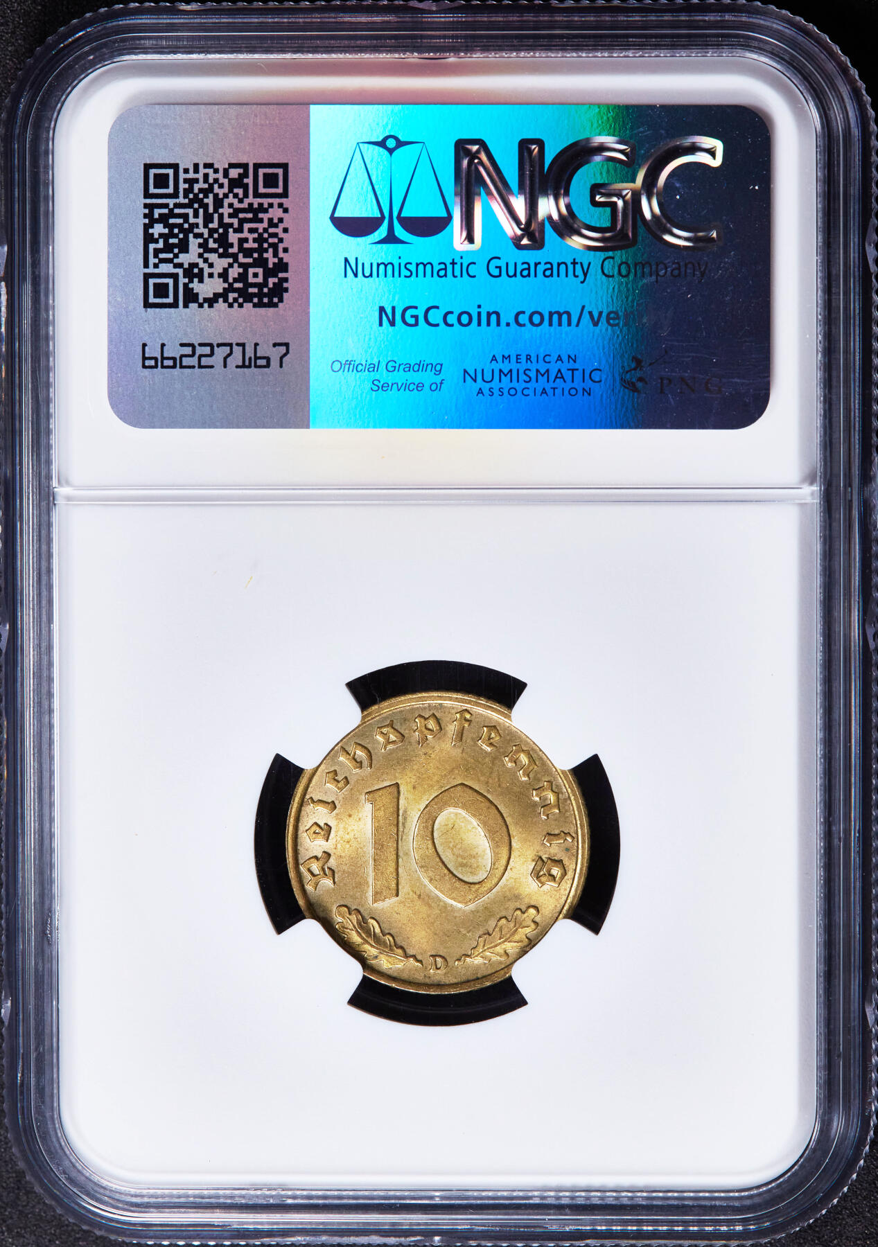 【俄甄集藏】2026年(046)01-07 星期三 晚 19:30 全场包邮 德国第三帝国1937年D版10芬尼铜币，NGC MS64，转光品相，原图联系客服或者查询相关官网查看