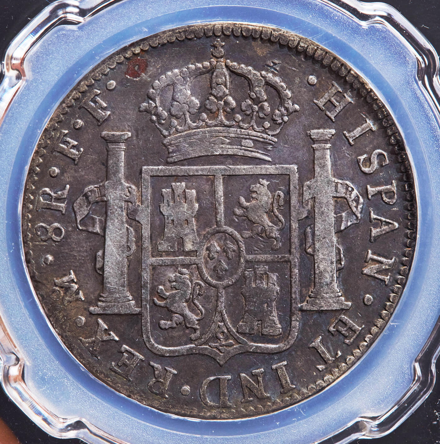 【俄甄集藏】2026年(046)01-07 星期三 晚 19:30 全场包邮 西属墨西哥1782年卡洛斯三世FF版8里亚尔双柱大银币，信泰 VF35，皇冠右上有不明显小戳记，五彩酱彩老包浆，味道佳