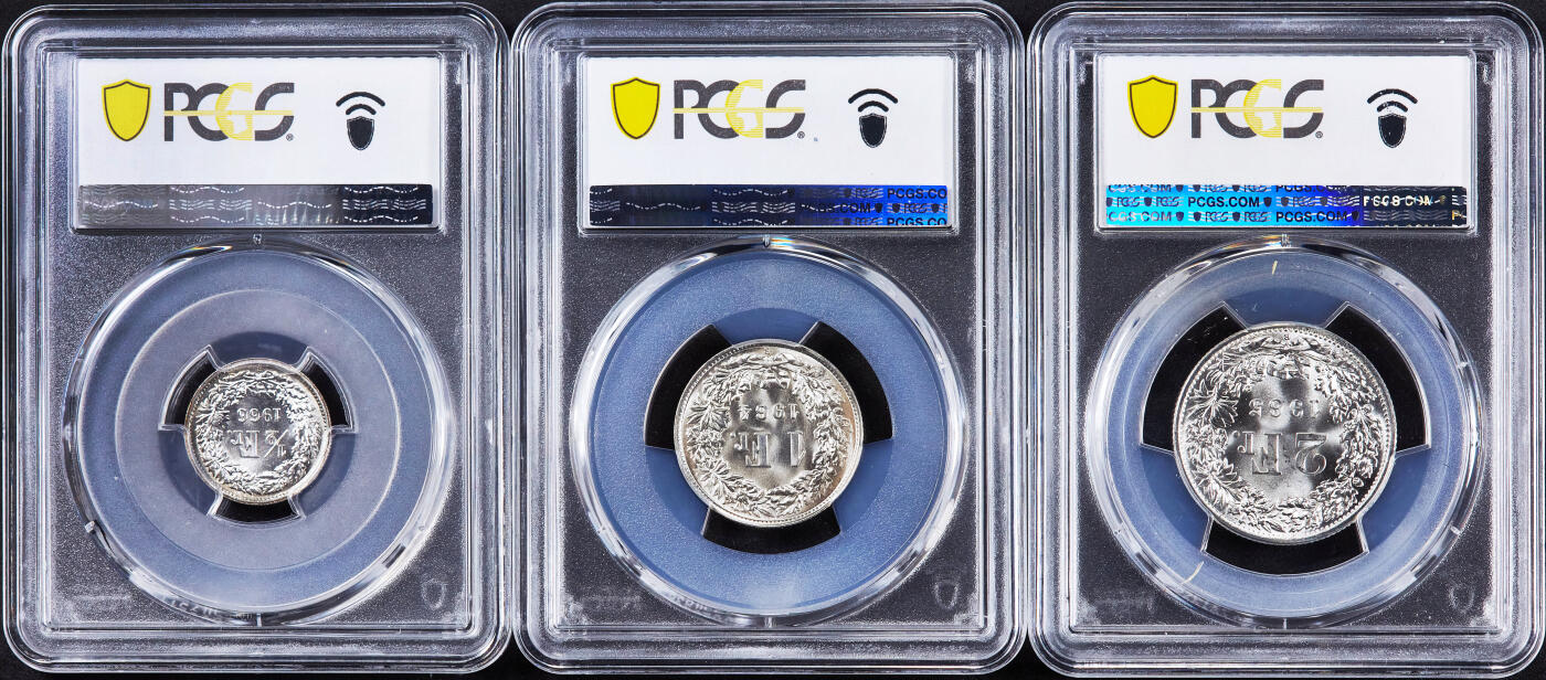 【俄甄集藏】2026年(046)01-07 星期三 晚 19:30 全场包邮 瑞士1964-1966年1/2、1、2法郎银币高分3枚一组，PCGS MS67，顶级转光品相