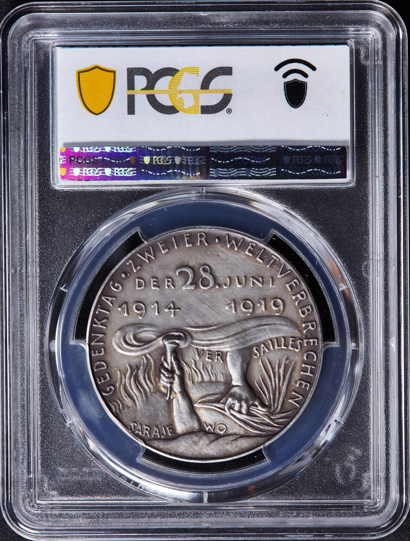 【俄甄集藏】2026年(046)01-07 星期三 晚 19:30 全场包邮 德国1919年纪念一战战败《凡尔赛条约》签署讽刺银章，PCGS SP63，卡尔·哥茨作品，黄油彩老包浆，稀少品种，唯一亚军