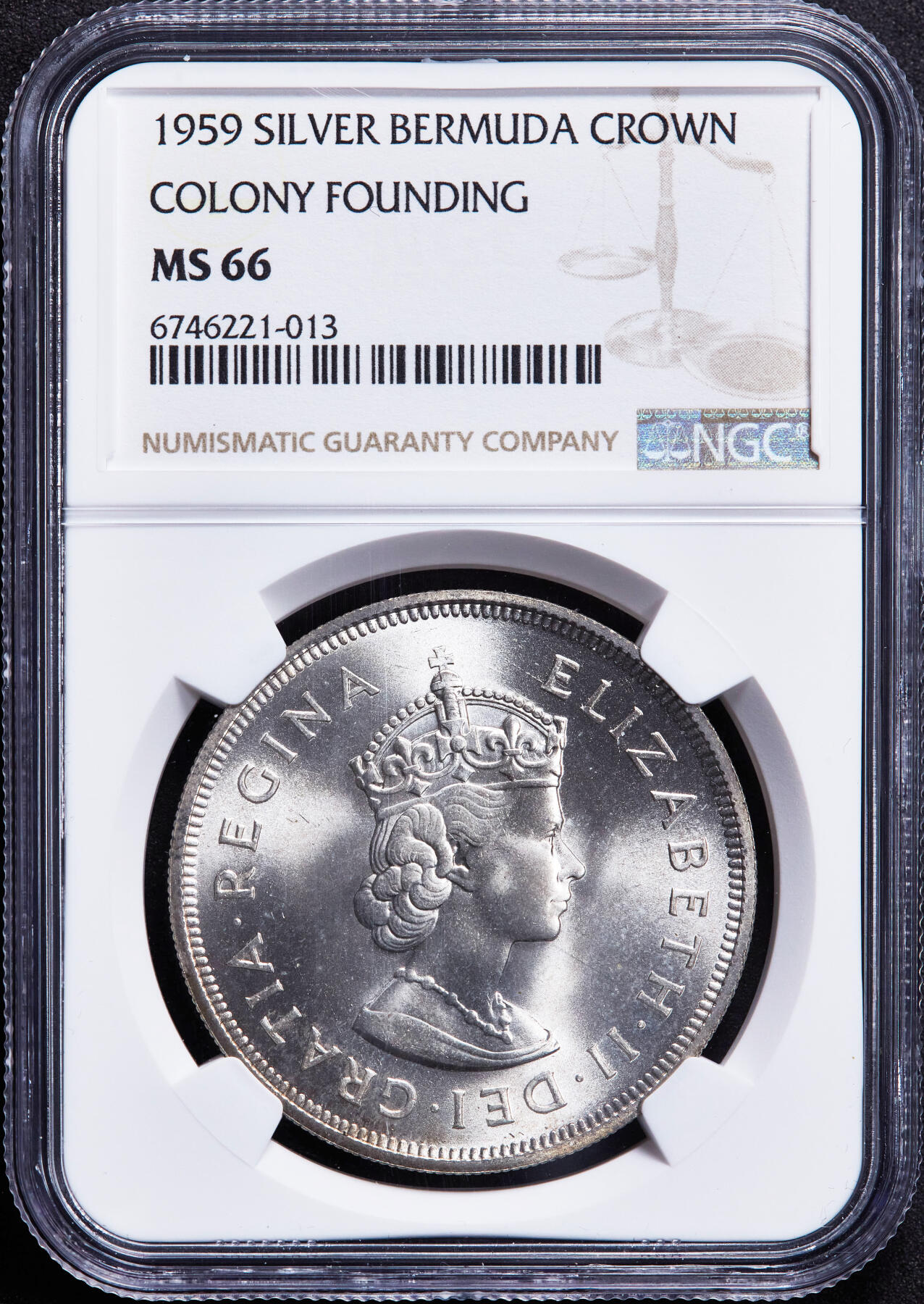 【俄甄集藏】2026年(046)01-07 星期三 晚 19:30 全场包邮 英属百慕大1959年伊丽莎白二世1克朗大银币，NGC MS66，原卷曝光顶级分数，该自治领独立发行的首枚钱币，28.28克，92.5%银，发行量10000枚