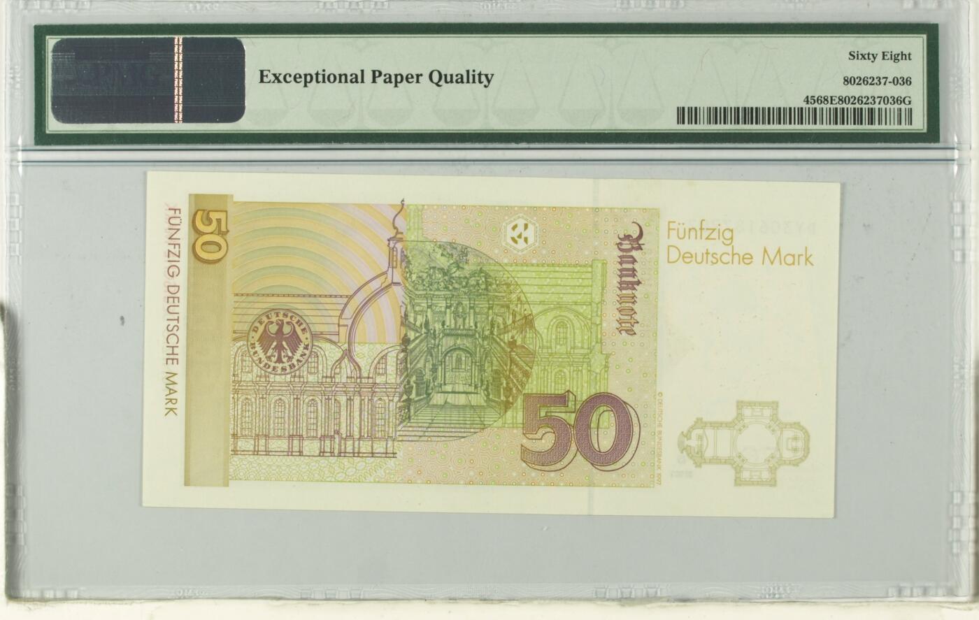 《艾美收藏》第227期-1.3周六外币黄金场-马年首拍 德国1996年50马克PMG68E亚军分无4 冠军69分仅5张 建筑师约翰·巴塔萨·纽曼