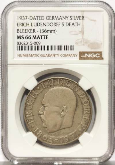 博洋堂“岁启嘉年”2026新年精品大拍专场暨第155期（全场包邮） - NGC MS66MATTE 唯一冠军分 1937年德三鲁登道夫逝世纪念银章 麦稀奇首见此品种银章 鲁登道夫为德国一战陆军上将，1923年参与著名的啤酒馆暴动给予他大力支持，1925年参选社会工人党总统候选人，也被认为是他的精神导师之一。德三的银章能有66分极为不易，能遇见的每一枚都是天价