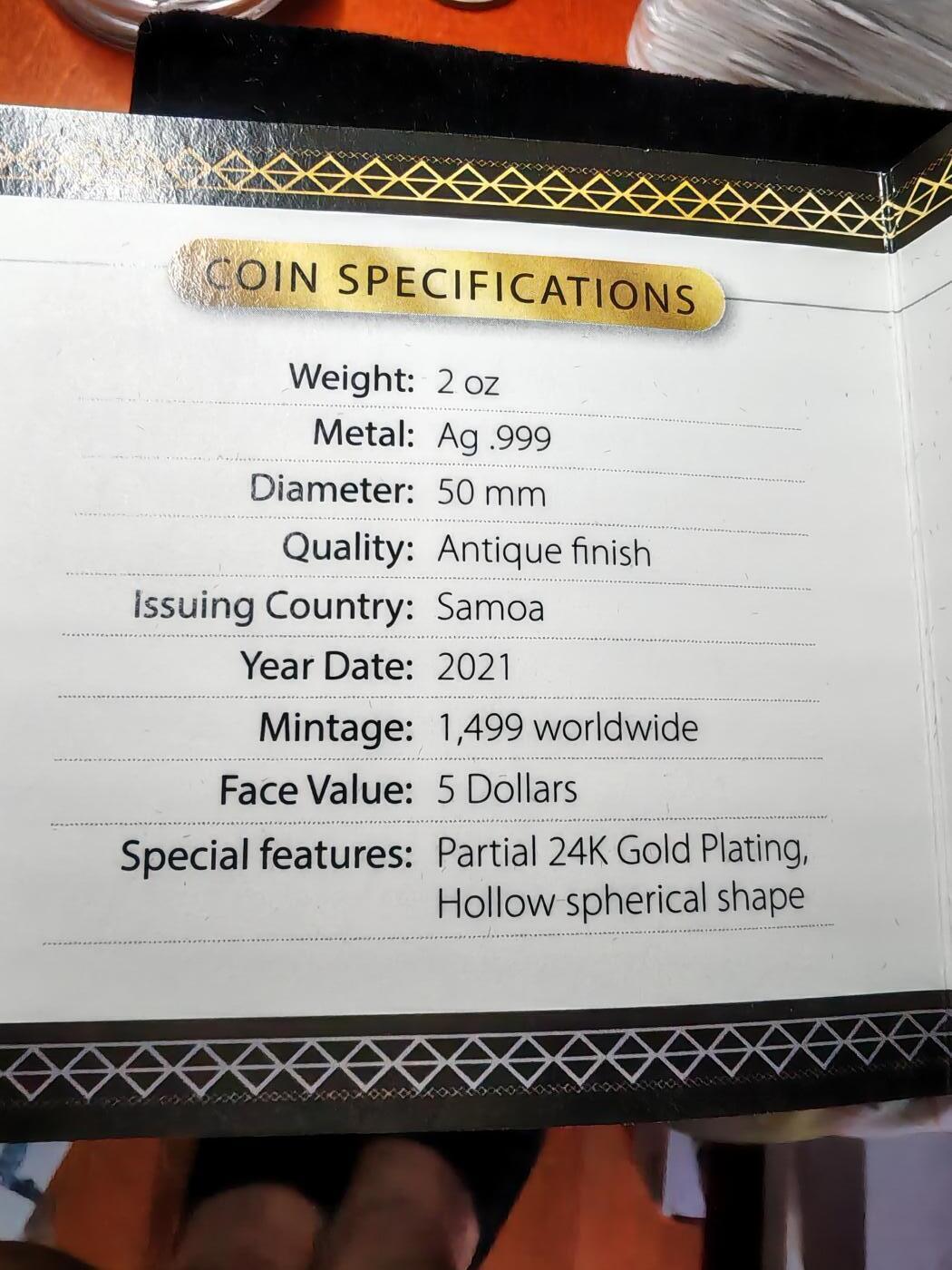 长老汇蛇年精选第九十一场拍卖 2021萨摩亚天与地5元球形镀金镂空仿古银币，2盎司999银，盒证全，1499枚