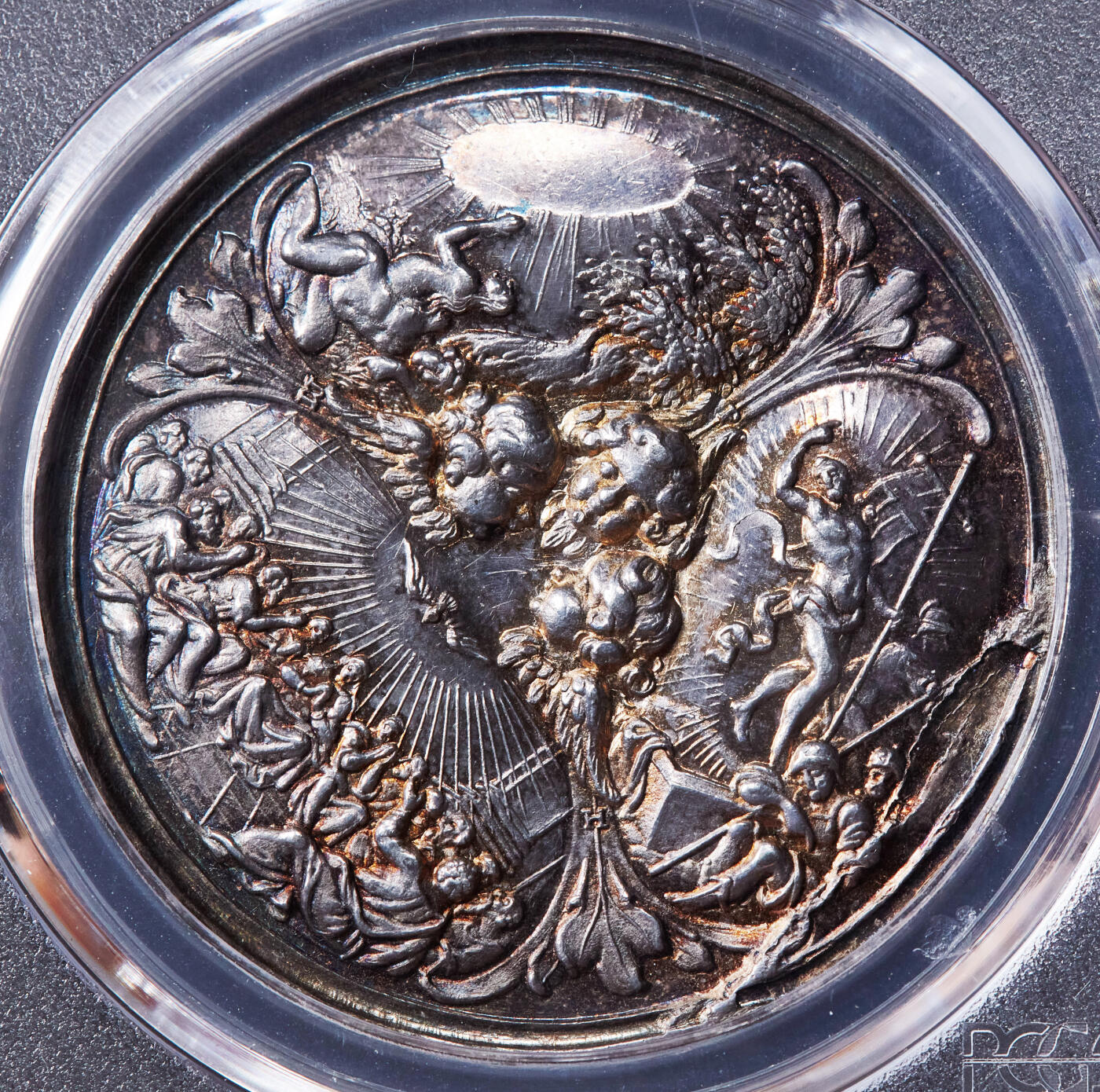 【俄甄集藏】2026年(046)01-07 星期三 晚 19:30 全场包邮 德国19世纪天主教无纪年宗教洗礼天使、圣徒巴洛克风格大银章，PCGS SP63，黄油彩老包浆