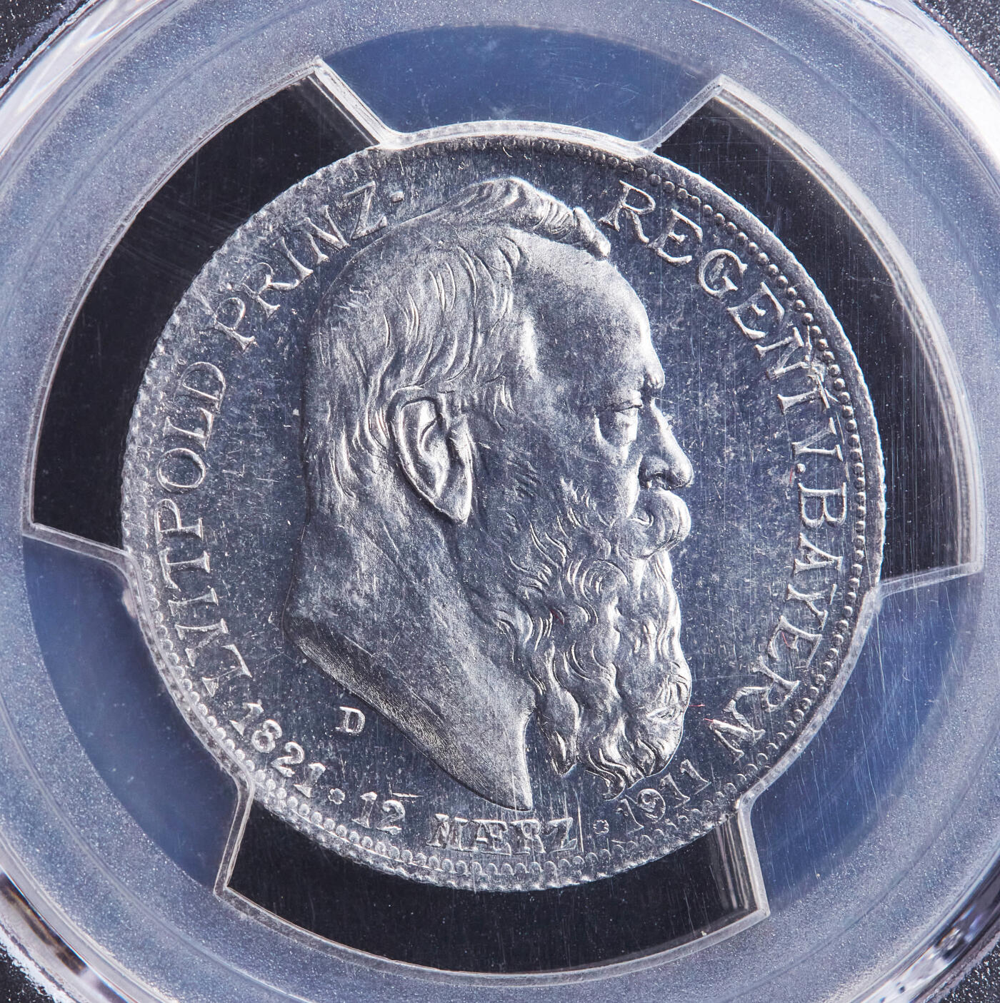 【俄甄集藏】2026年(046)01-07 星期三 晚 19:30 全场包邮 德国巴伐利亚1911年D版纪念柳特波德亲王90寿辰精制2马克铝制样币，PCGS PR64，冠军分数，稀有品种