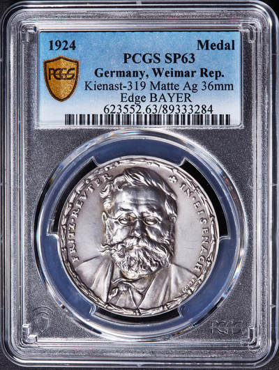 【俄甄集藏】2026年(046)01-07 星期三 晚 19:30 全场包邮 - 德国魏玛1924年纪念作家弗里茨·罗伊特逝世50周年银章，PCGS SP63，卡尔·哥茨作品，稀少品种，慕尼黑造币厂铸造