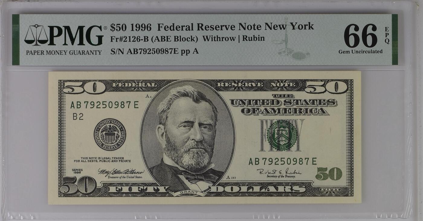 《艾美收藏》第227期-1.3周六外币黄金场-马年首拍 美国1996年大头首发版50美元PMG66E无4 首发版本难得