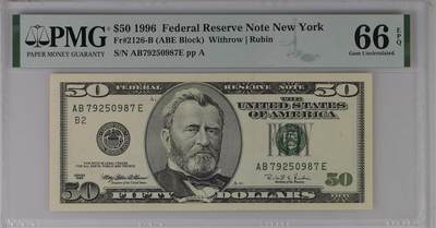 《艾美收藏》第227期-1.3周六外币黄金场-马年首拍 - 美国1996年大头首发版50美元PMG66E无4 首发版本难得