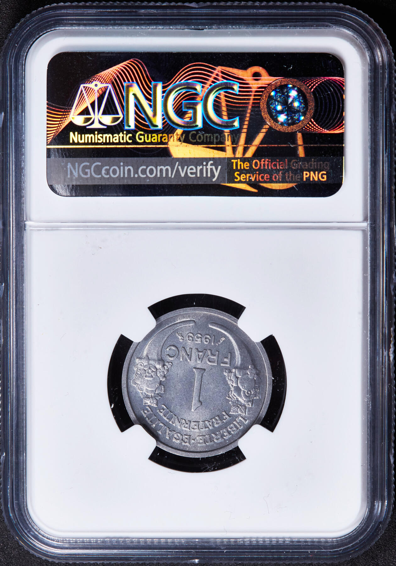 【俄甄集藏】2026年(046)01-07 星期三 晚 19:30 全场包邮 法国1959年吉士帽1法郎铝币，NGC MS64，转光品相