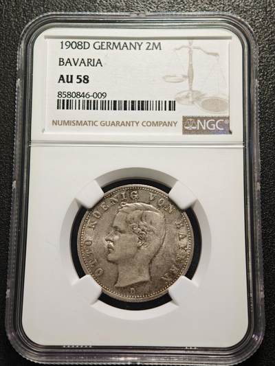 【德藏】世界币章拍卖第160期 - 1908年 德国巴伐利亚奥托2马克银币 NGC AU58 原光可见