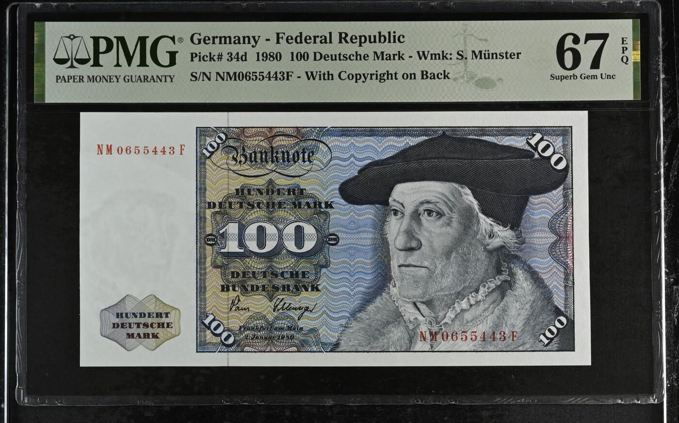 《艾美收藏》第227期-1.3周六外币黄金场-马年首拍 德国1980年100马克PMG67E亚军分趣味号递减 冠军68分仅2张 明斯特，杰出的制图师、宇宙学家以及希伯来语学者，大师级雕刻 Pick#34d