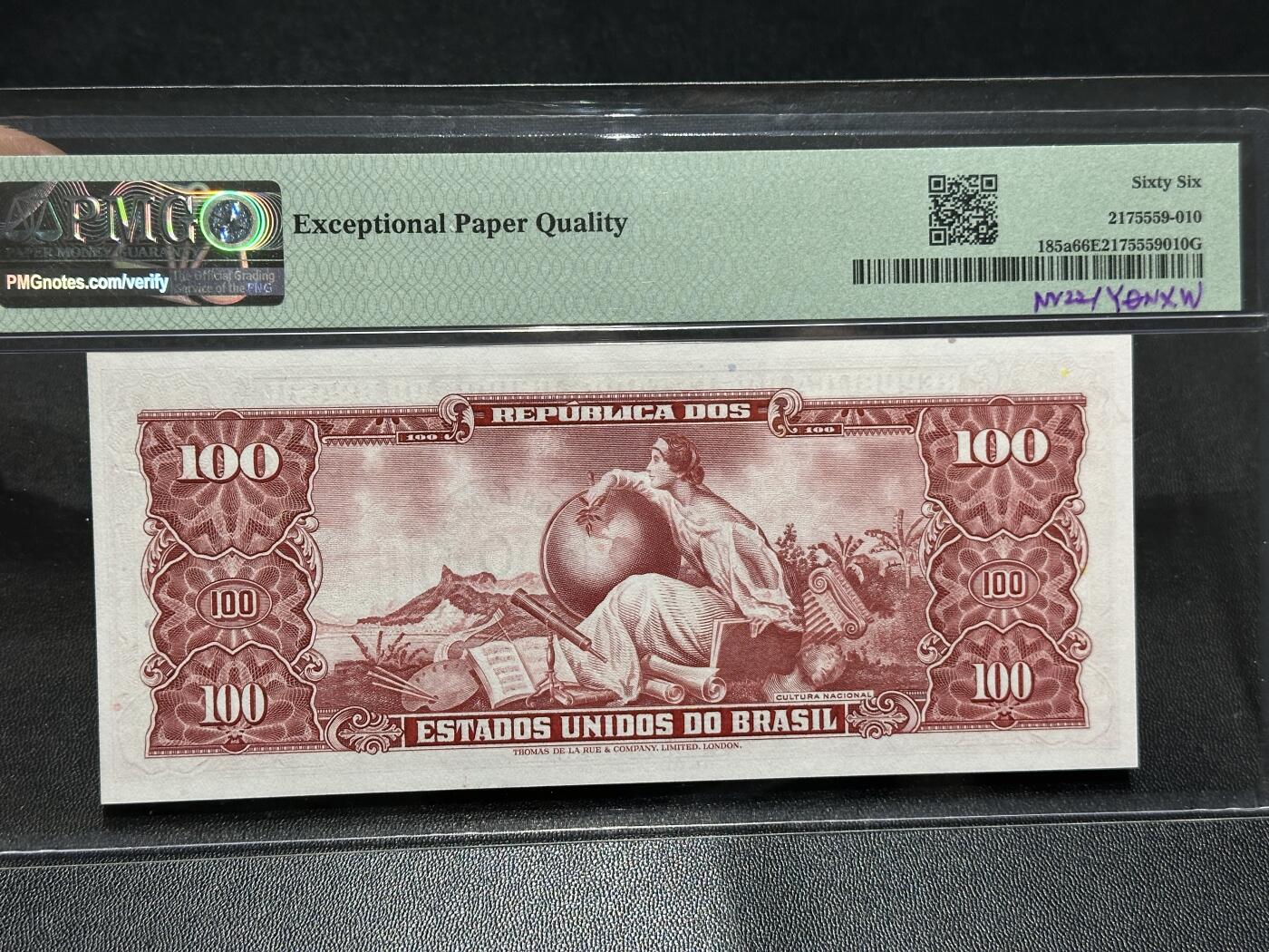 《外钞收藏家》第五百九十九期（畅拍场）（本平台长期征集拍品、欢迎藏友们联系合作） 166-67年巴西100改值10 PMG66