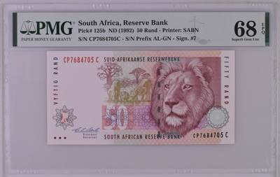 《艾美收藏》第227期-1.3周六外币黄金场-马年首拍 - 南非1992年50兰特PMG68E亚军分 冠军69分仅1张 狮子 难上分品种 Pick#125b