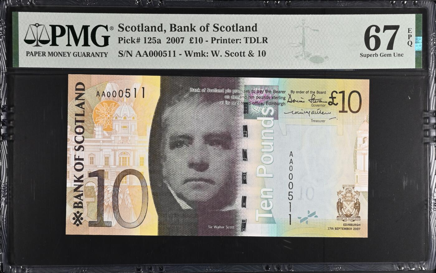 《艾美收藏》第227期-1.3周六外币黄金场-马年首拍 苏格兰2007年首发AA冠10镑PMG67E亚军分百位511号，Pick#125a
