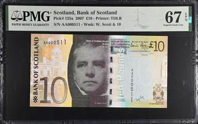 《艾美收藏》第227期-1.3周六外币黄金场-马年首拍 - 苏格兰2007年首发AA冠10镑PMG67E亚军分百位511号，Pick#125a