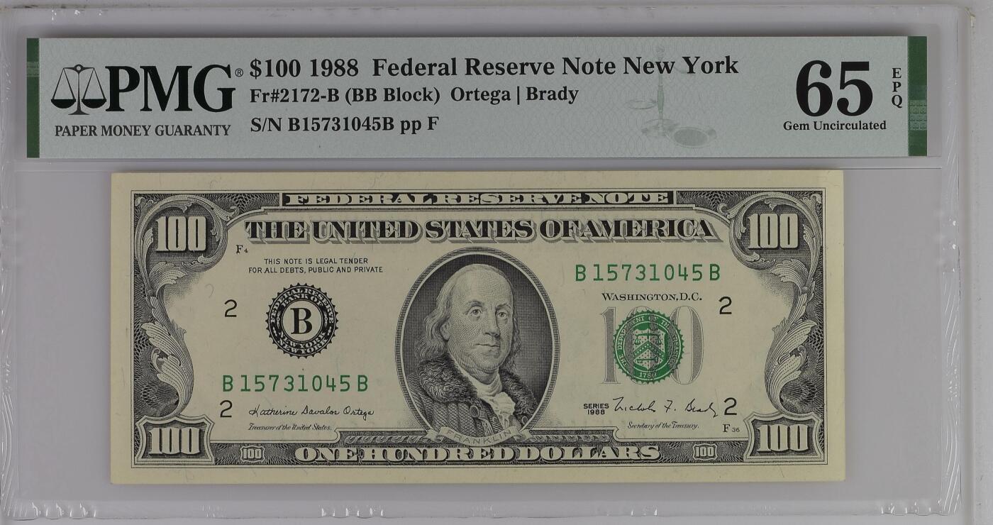 《艾美收藏》第227期-1.3周六外币黄金场-马年首拍 美国1988年小头100美元最高值PMG65E