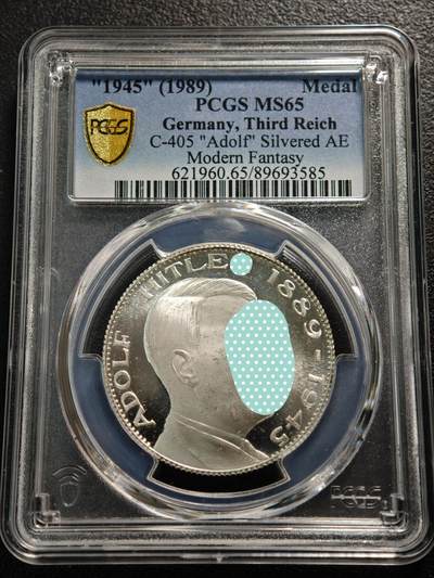 【德藏】世界币章拍卖第159期(元旦专场拍卖) - "1945"(1989年后铸) 德国民族社会主义工人党党首镀银纪念章 PCGS MS65 原光十字 类镜面底板（原图请查询PCGS评级官网）