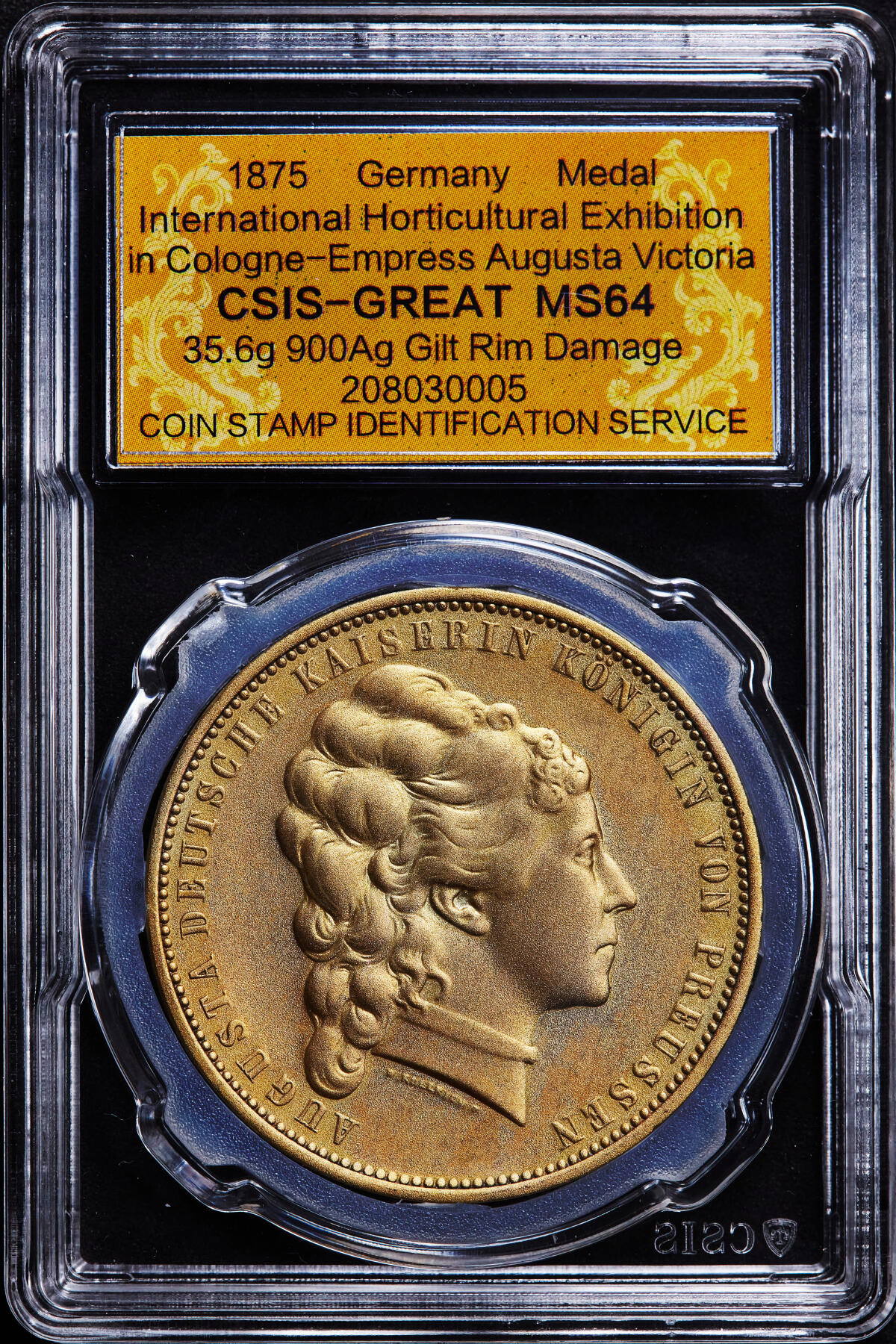 【俄甄集藏】2026年(046)01-07 星期三 晚 19:30 全场包邮 德国1875年纪念科隆国际园艺博览会镀金大铜章，信泰 MS64，设计精美，底板凝霜，金水足，标签错误