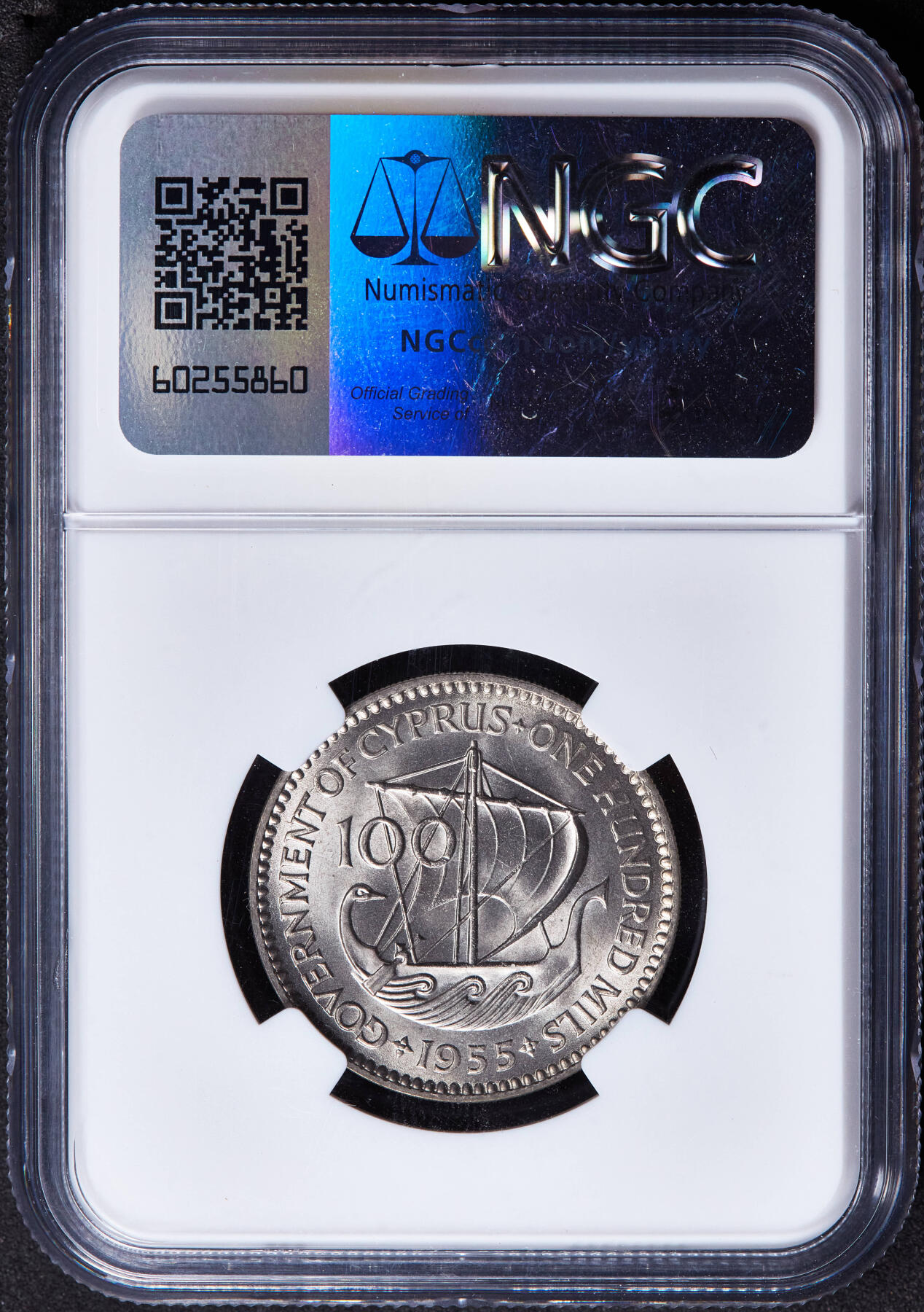 【俄甄集藏】2026年(046)01-07 星期三 晚 19:30 全场包邮 英属塞浦路斯1955年伊丽莎白二世帆船100米尔镍币，NGC MS65，转光品相