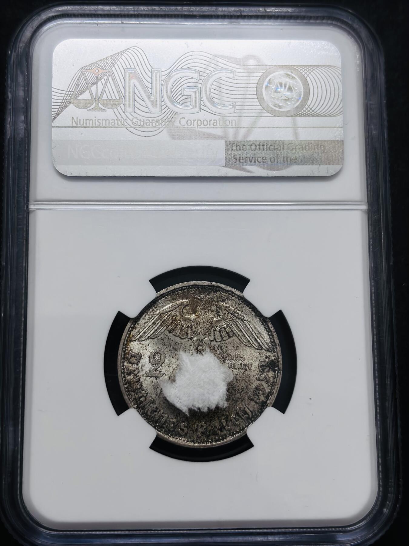 文馨钱币收藏 迎新纳福2026新年第一场（第 287 场）金银老铜币拍卖 NGC 评级 MS64 分 1939 年德国兴登堡2 马克银币，正面转光拉满，背面黄油酱包浆匀称