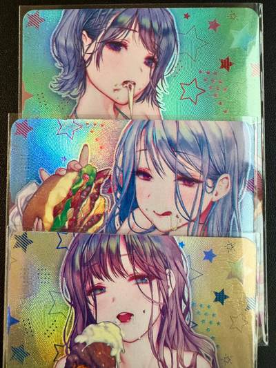 NO.20.5 好又多妹卡大赏，祝你新年旺桃花~只能从此链接进的专场！新店点关注不迷路~每周一站式配齐，方便凑单！（周5晚9点截拍，卖家送拍免费！） - 驴打滚 饮食少女 一套3张 身上汤汁诱人 折光彩闪