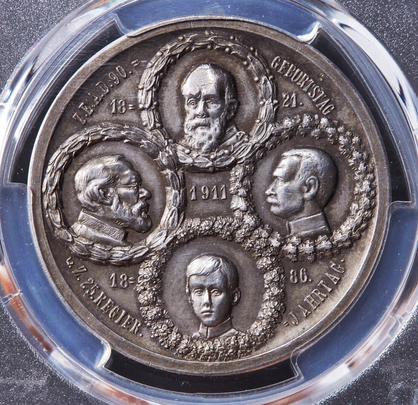 【俄甄集藏】2026年(046)01-07 星期三 晚 19:30 全场包邮 德国1911年纪念柳特波德亲王90寿辰橡树、皇室家族银章，PCGS SP63，原味状态，经典品种