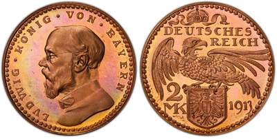 博洋堂“岁启嘉年”2026新年精品大拍专场暨第155期（全场包邮） - PCGS SP65+RD N、P双料唯一冠军分、PCGS官网封面币 1913年德国巴伐利亚2马克，同样也是卡尔歌茨最富盛名的样币系列，其精美设计使其近年来极受市场认可，顶级高分价格一路狂飙。SP的价格更是远超PR