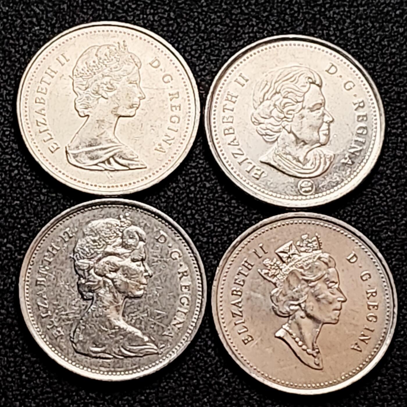 泉币菌-第160场-新年第三场 精品福利场 高币值 一加元 一组4枚 加拿大驯鹿1/4元 英国伊丽莎白二世女王像 23.9mm