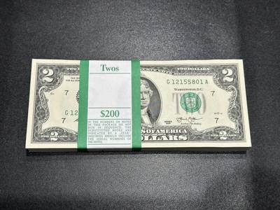 《外钞收藏家》第五百九十九期（畅拍场）（本平台长期征集拍品、欢迎藏友们联系合作） - 2013年美国2美元 标准100连号 高位无47 尾801 全新