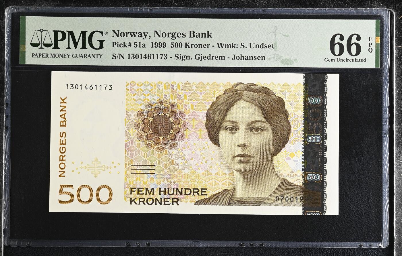 《艾美收藏》第227期-1.3周六外币黄金场-马年首拍 挪威1999首发年a版500克朗PMG66E，Pick#51a初版首签难得 非再版可比 女小说家S.温斯特
