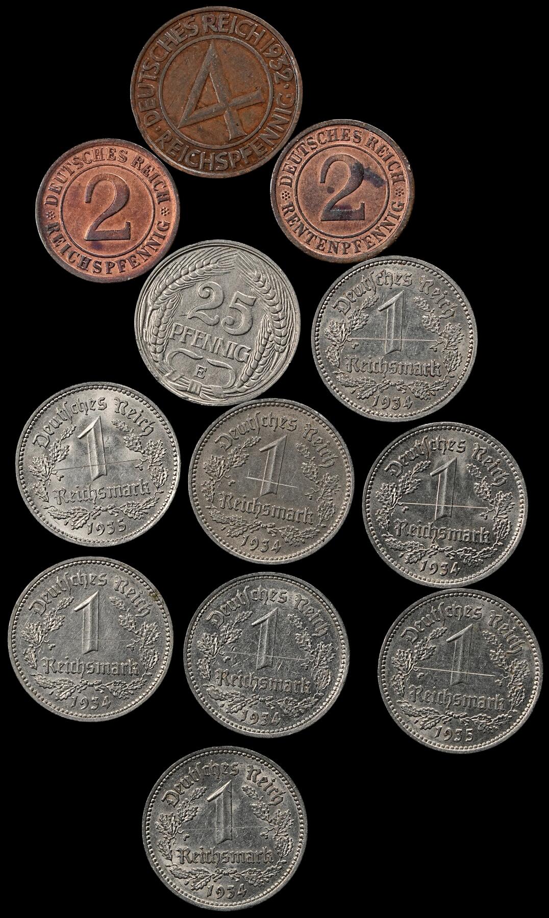 修遠堂世界钱币第一百期 德国旧钱币一组 所有的1马克币面都有一处割痕